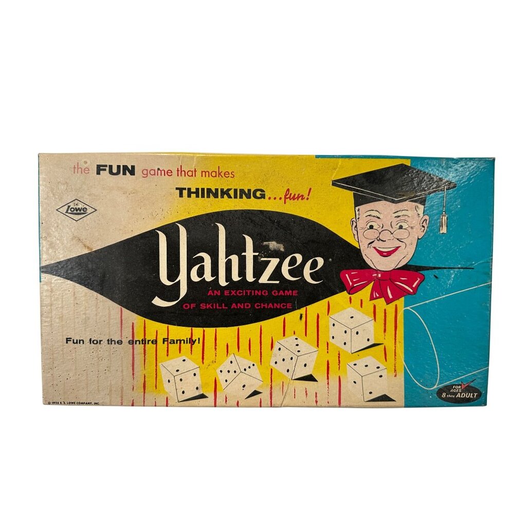 Vintage 1956 Yahtzee Board Game Complete Dice Chips Cup & Rules Original Box
